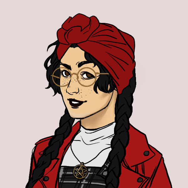 a picrew image of a person with long black hair in braids wearing a red turban, red leather jacket, and glasses